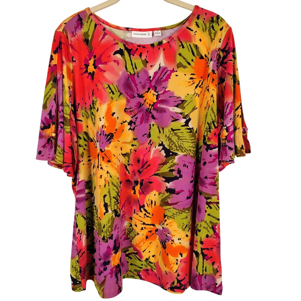 Susan Graver Womens 1X Floral Top Multicolor Split Sleeve Tropical Summer Boho